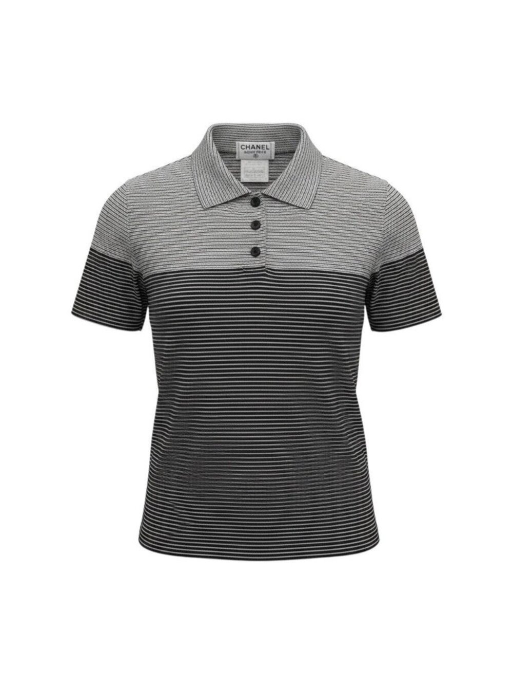Chanel Boutique CC Logo Button Short Sleeve Polo Shirt Border Black White Cotton